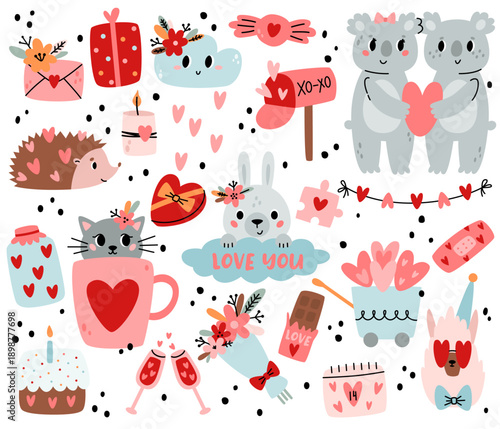 Set elements for Valentines day. Cute koala, rabbit, hedgehog, cat and llama.