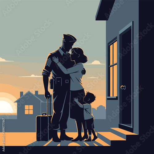 Silhouette illustration of a soldier embracing his family outside their home at sunset, with a child hugging the woman's leg and a suitcase nearby.