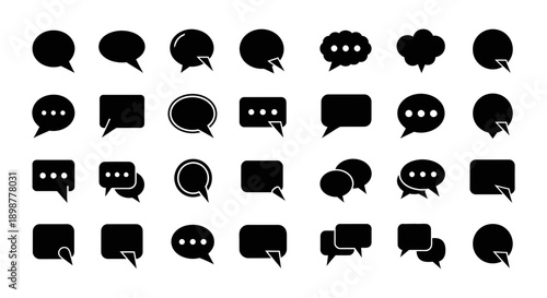 An extensive set of black silhouette speech bubbles, thought clouds, and message boxes in diverse shapes for communication design.