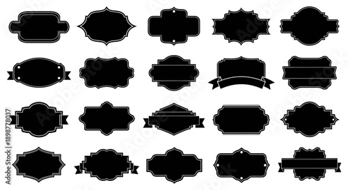 A diverse collection of elegant vintage and retro black silhouette frames, labels, and ornamental banners, perfect for decorative design elements.