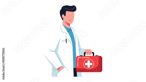 Medical Professional with First Aid: A doctor, embodying medical expertise, stands holding a first aid kit, conveying care and assistance in healthcare.