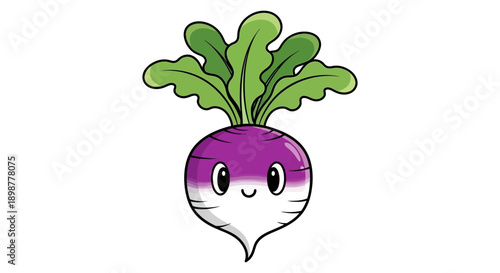 A cheerful and cute cartoon turnip or radish character with a happy face and vibrant green leaves.