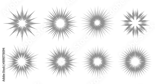 A dynamic collection of various starburst, sunburst, and explosion vector elements in a monochromatic style.