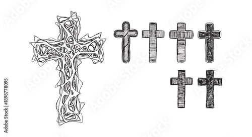 A diverse collection of Christian cross symbols, featuring one large intricate design and several smaller, simpler variations.
