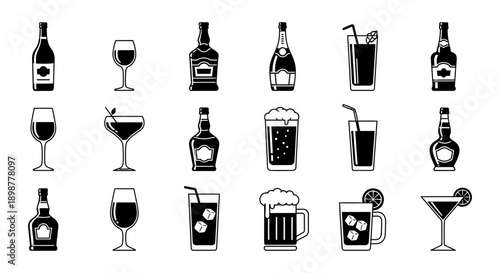 A comprehensive collection of black and white icons featuring various alcohol bottles, wine glasses, and cocktail drinks.