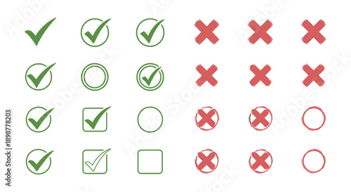 A comprehensive collection of checkmark and cross vector icons is displayed in various styles and colors for digital interfaces.