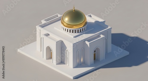 Elegant white mosque with a gleaming golden dome on a bright, minimalist background.