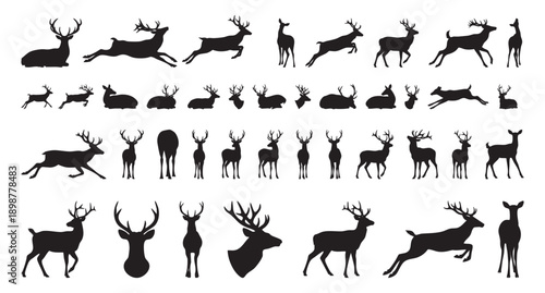 black deer silhouettes on white selection, diverse emblematic poses for logo and branding including leaping stags, standing does and head badges, clean outlines optimized for conversion,