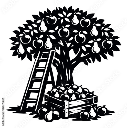 Graphic illustration of an apple and pear tree depicting a bountiful harvest for agriculture