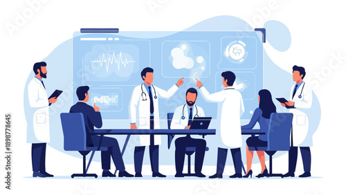 Medical Professionals in Meeting: A group of dedicated medical professionals collaborates in a focused meeting setting, exploring and analyzing complex data on cutting-edge digital display.
