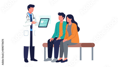 Medical Consultation: A medical professional engages in a consultation with a couple, reviewing medical results, explaining medical advice, and discussing patient health
