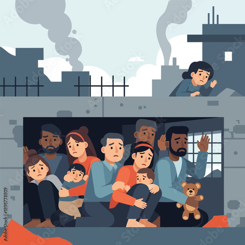 A group of fearful people, including families and children, huddle in a shelter amidst a war-torn city with smoke and destruction, depicting a humanitarian crisis.