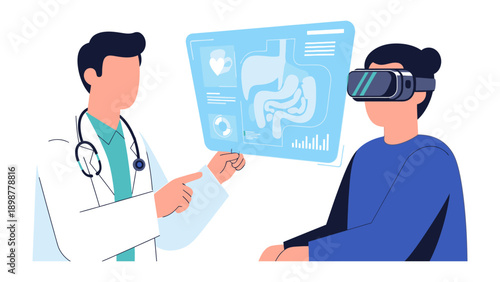 Virtual Reality in Medical: A doctor guides a patient through an immersive virtual reality experience, visualizing internal organs for diagnosis and treatment.