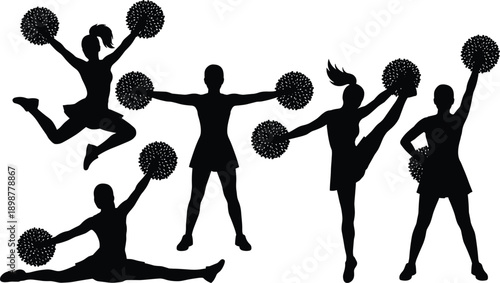 Cheerleader silhouettes set, pom pom dance poses, female cheer squad, jumping kicks splits, sports spirit performance, energetic routine icons