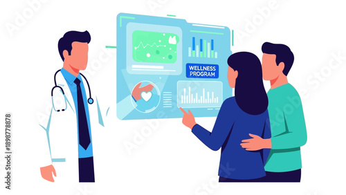 Doctor Consultation: A caring medical professional consults with a couple, reviewing their wellness program and providing expert guidance. Emphasizing the significance of healthcare and well-being.