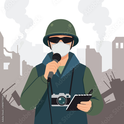 A war correspondent wearing a helmet, mask, and sunglasses, holding a microphone and notepad in a destroyed city.