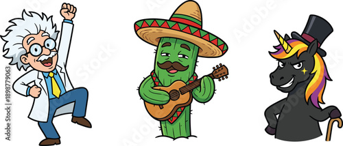 Cartoon scientist, cactus musician, unicorn character, fantasy illustration, colorful vector, playful design, cultural mix, fun concept, creative art, humor