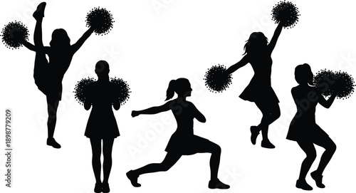 Cheerleader silhouettes set, pom pom dance poses, female cheer squad, jumping kicks leaps, energetic sports spirit, performance icons collection, vector
