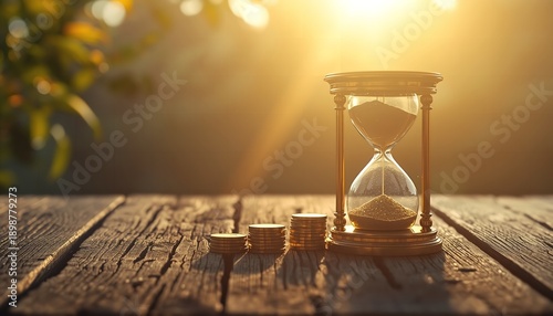 A golden hourglass and coins on a wooden table with a blurred background and warm sunlight