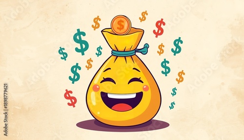 A cartoon money bag with a smiling face and dollar signs floating around it, symbolizing financial success and happiness.