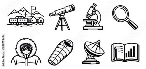 Line art science and exploration icons set featuring research instruments, exploration equipment, and educational symbols for learning, discovery, and scientific investigation