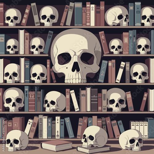 Spooky library with skulls and books creating an eerie atmosphere Vector