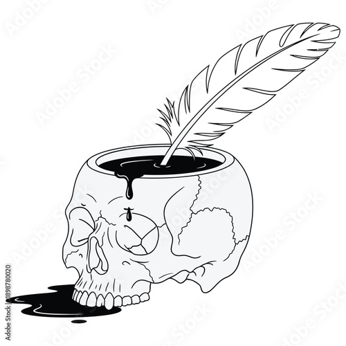 Skull with feather pen and spilling ink illustration Vector