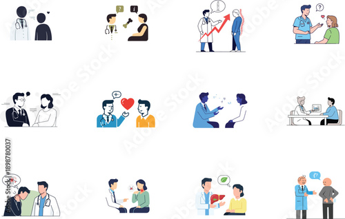 Collection of people interacting in various scenarios isolated on transparent background