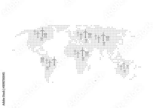Global Renewable Energy Concept with Wind Turbines on World Map
