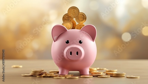 A pink piggy bank with gold coins on a table with a blurred background