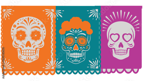 Colorful papel picado banner with skull designs for celebrations Vector
