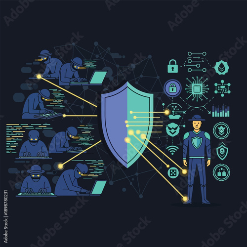 A visual representation of cybersecurity defense, showing hackers attempting to breach a system while a security professional and a shield protect digital assets and data.