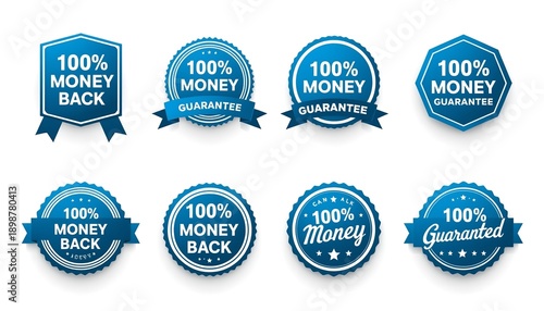 A collection of blue and white guarantee badges with 100% money back promises