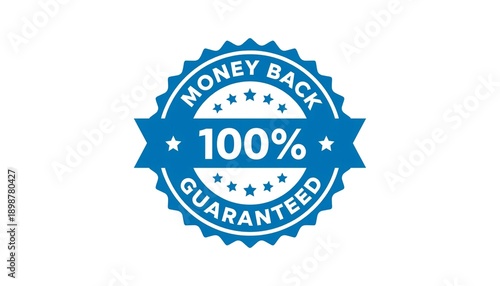 A blue money back guarantee seal with 100 percent refund assurance