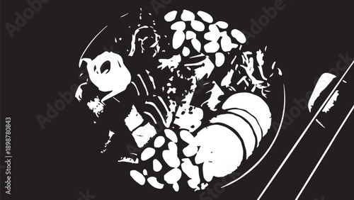 High-contrast monochrome plate featuring a shrimp dish with sesame seeds and chopsticks.