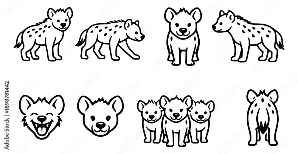 Obraz premium Hand drawn line art hyena set featuring spotted hyena characters in various poses and expressions for children's learning and wildlife projects