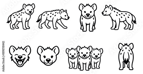 Hand drawn line art hyena set featuring spotted hyena characters in various poses and expressions for children's learning and wildlife projects