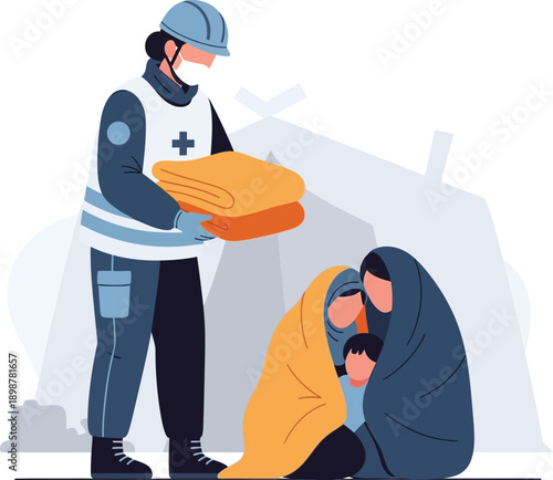 Humanitarian worker providing blankets to a displaced family, including women and a child, in a refugee camp setting during a crisis.