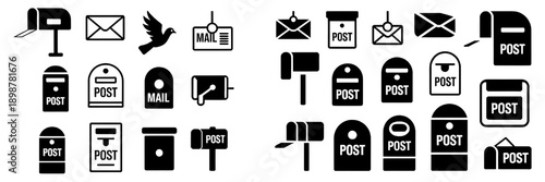 Minimalist mailbox icons and envelopes collection in black silhouette style for postal and mail service themes
