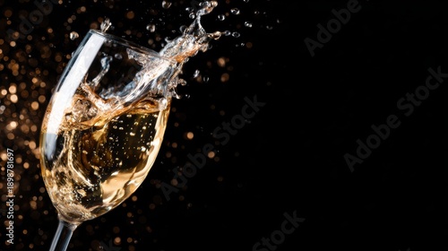 A beautifully captured moment of sparkling wine splashing from a glass, showcasing movement and elegance. The background offers a stunning contrast that enhances the image's vibrancy.