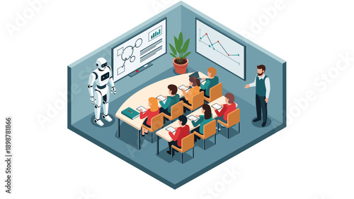 Isometric classroom with robot teacher and students engaged in learning