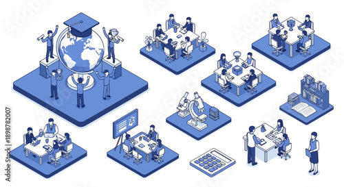 Isometric vector business meeting, education, and office work scenes. Blue line art people collaborating, studying, and discussing in various settings, isolated on white.