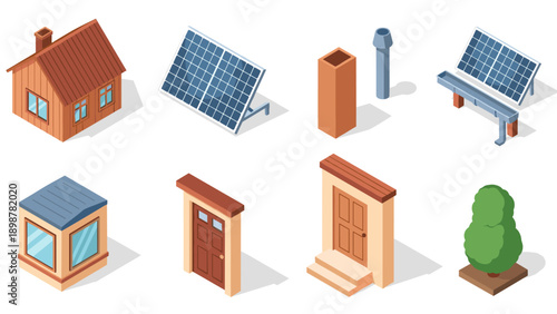 Sustainable energy and home elements in isometric design