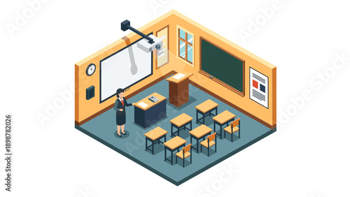 Isometric classroom design with teacher desk and interactive board setup