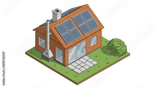 Sustainable isometric wooden house with solar panels and greenery