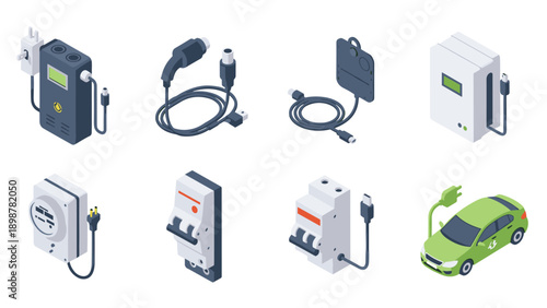 Isometric electric vehicle charging icons set with ev charger, car, and connectors