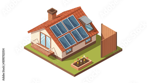 Sustainable home with solar panels and garden in isometric design