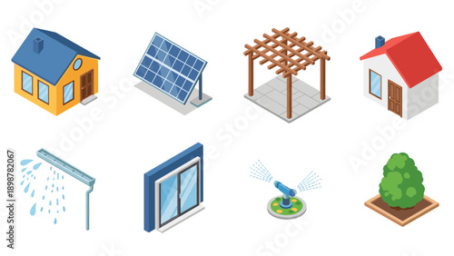 Isometric garden and home elements: solar panel, sprinkler, patio cover, and more