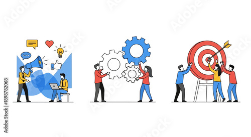 Digital marketing, teamwork, and business goal achievement vector illustration set. Social media promotion, gear collaboration, target with arrow concepts.