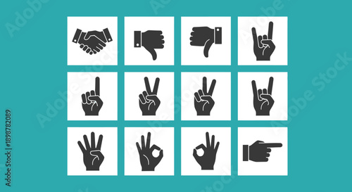 Hand gestures vector icon set: handshake, thumbs up, down, rock, pointing, peace, victory, ok sign, isolated on white
